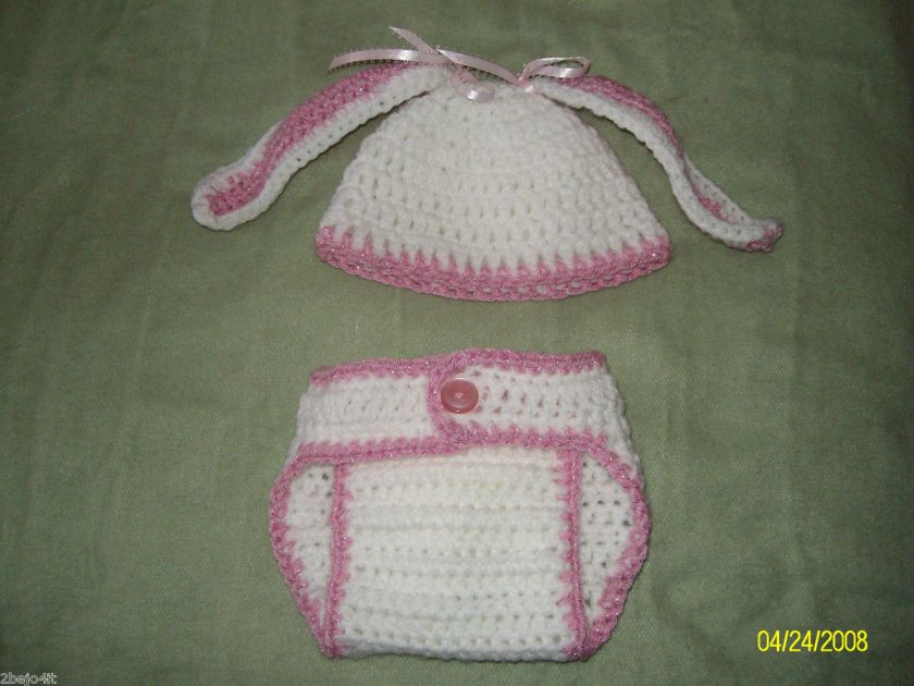 NB 3 MO baby GIRL BUNNY HAT AND DIAPER COVER CROCHET~♥  