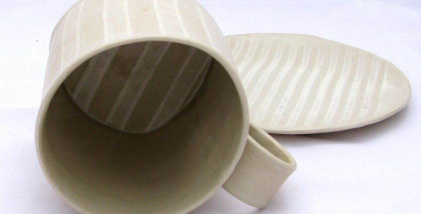 Laurie G. Art ceramic coffee MUG CUP & plate stoneware  
