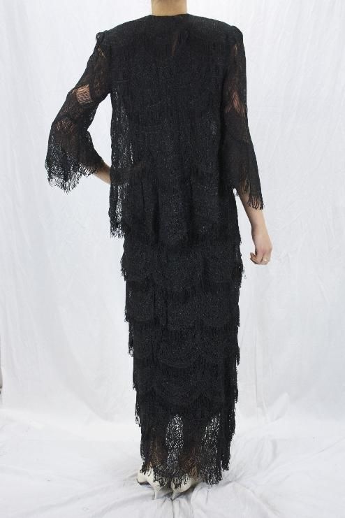 NWT Damianou Black Sparkle Pointelle Fringe 1920 Full Length Dress 