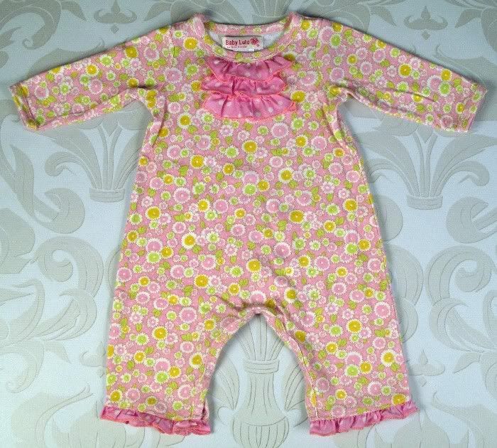 EUC Boutique Baby Lulu Thora Ruffle Romper Pink/Green Floral 3M/6M 