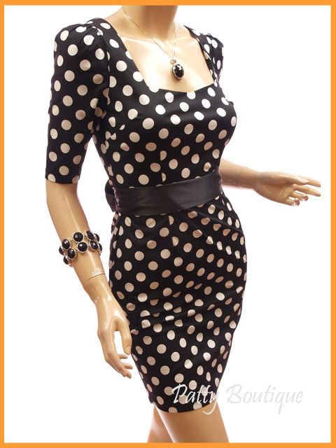 Black w/ Ivory Polka Dots Bow Back Party Mini Dress, S  