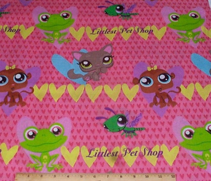 Littlest Pet Shop Pink Hearts cotton Fabric 3yds Frog Monkey Cat 